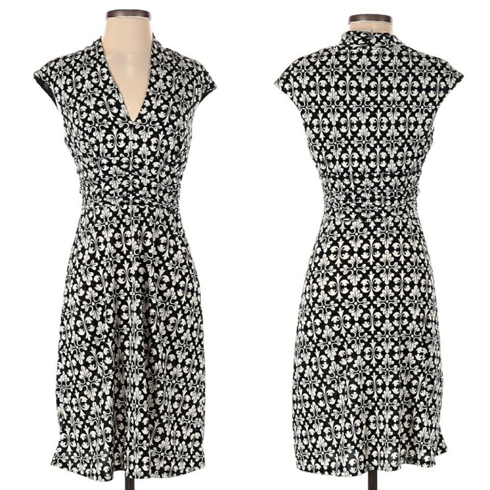 White House Black Market Fitted Stetch Casual Black & White Paisley Dress